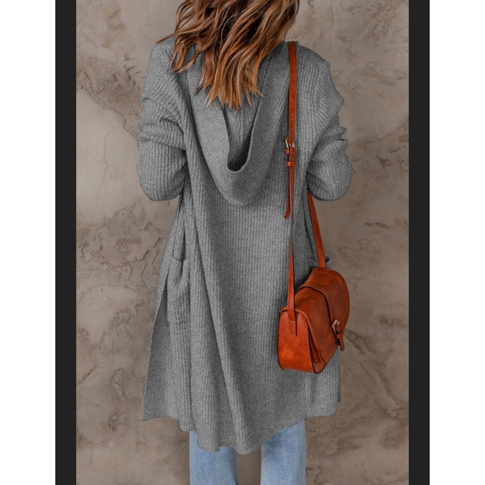 #53 Gray Hooded Long Cardigan w/Pockets! * - Picture 2 of 3